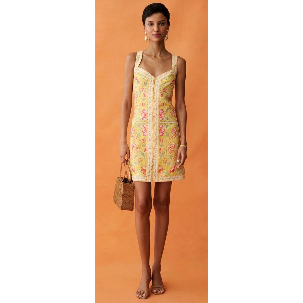 Anaya by Few Moda Sunbloom Yellow Floral Linen Mini Dress N26WDRP00350 Size 0